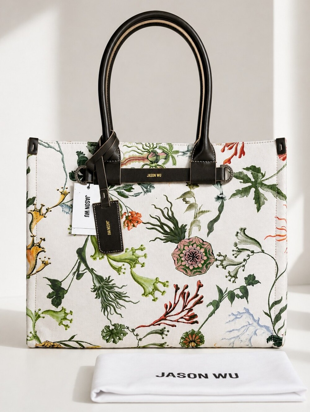 🥳 JASON WU FLORAL TOTE BAG NWT OLIVA CANVAS LEATHER TRIM